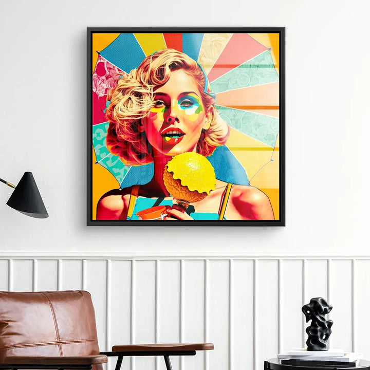 Modernes Pop Art Wandbild mit bunter Frau und Eis, dekorativ für Wohnzimmer