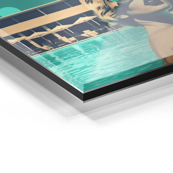 Detailansicht Acrylglas-Wandbild mit Pool-Motiv und retro Frau, moderne Kunst