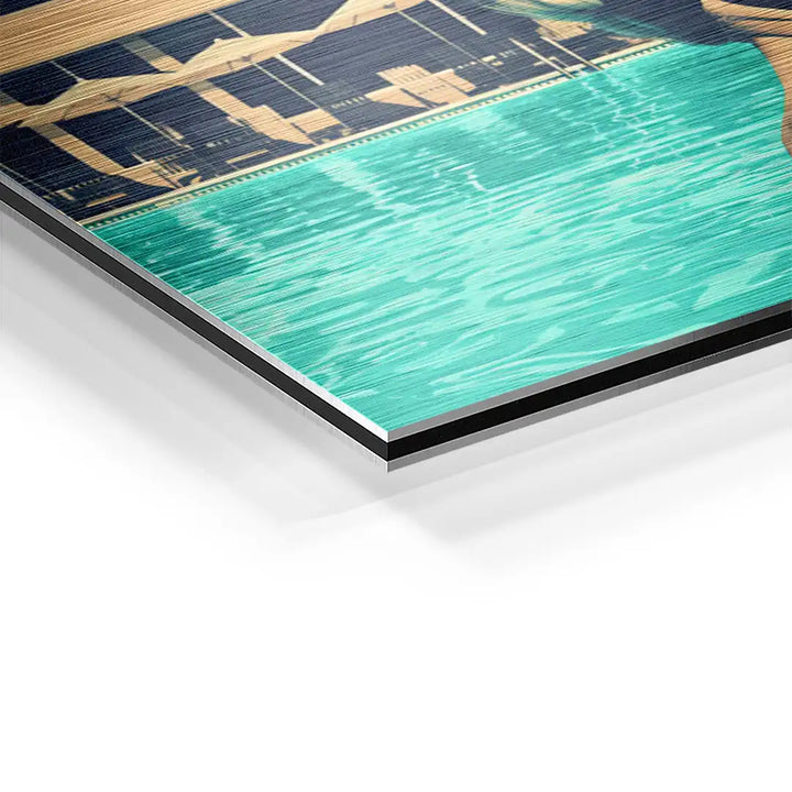 Detailansicht eines modernen Wandbilds mit Schwimmbad-Motiv auf Aluminium, türkisfarbenes Wasser