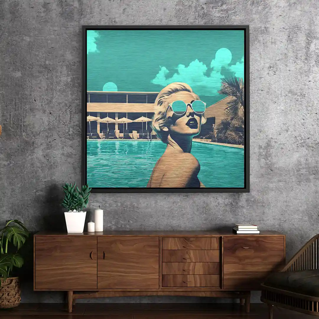 Modernes Wandbild mit Pop Art Frau am Pool, Retro-Stil, türkis-blaue Akzente, Wohnzimmerdeko