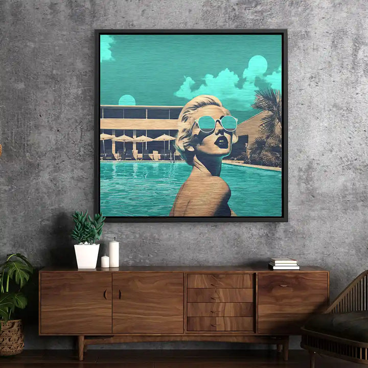 Modernes Wandbild mit Pop Art Frau am Pool, Retro-Stil, türkis-blaue Akzente, Wohnzimmerdeko