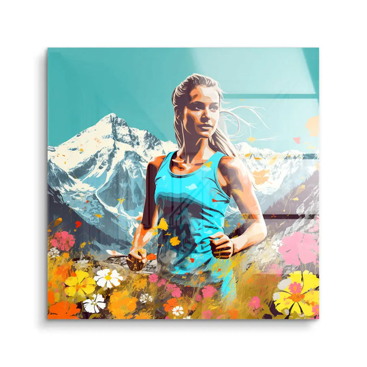 Modernes Wandbild mit sportlicher Frau vor Schweizer Alpen, bunte Blumen im Vordergrund, Acrylkunst