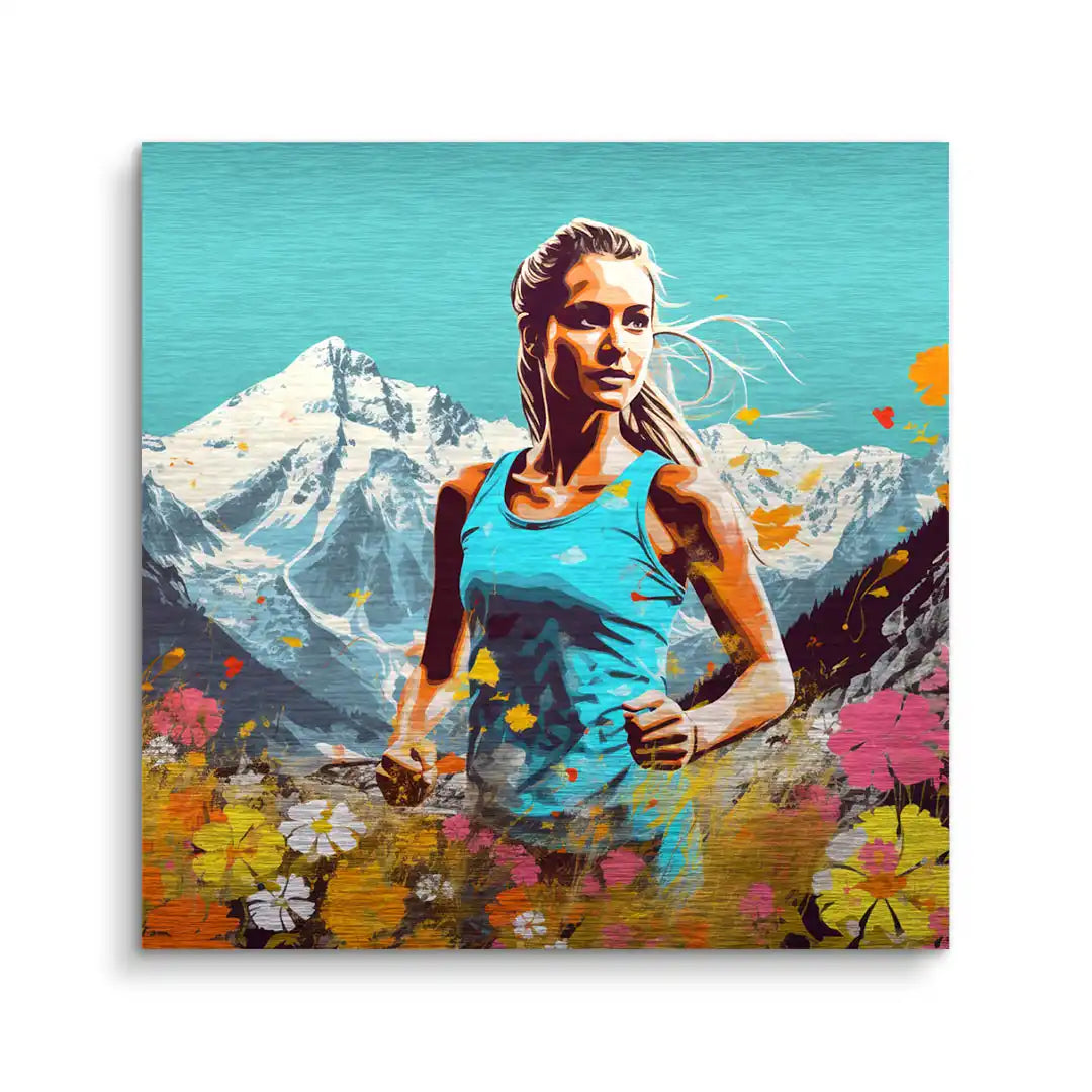 Modernes Wandbild mit sportlicher Frau, Blumenwiese und schweizer Alpen im Hintergrund