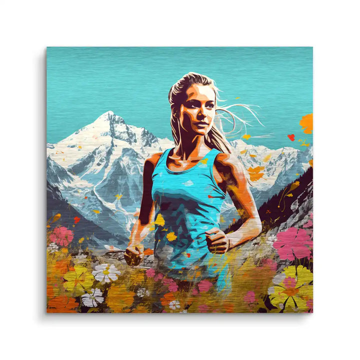 Modernes Wandbild mit sportlicher Frau, Blumenwiese und schweizer Alpen im Hintergrund