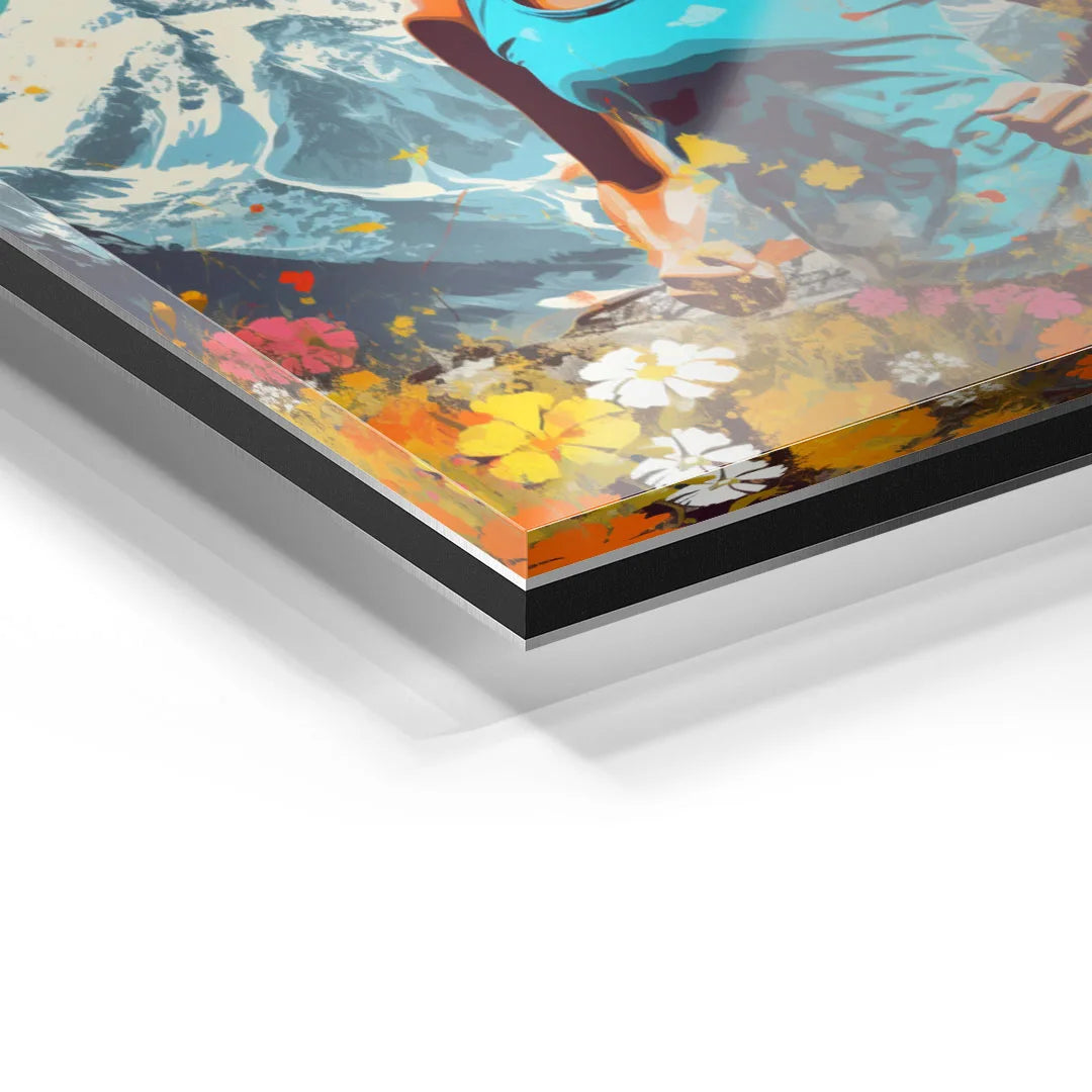 Detail eines farbenfrohen Wandbilds auf Acrylglas mit Blumen und Bergmotiv