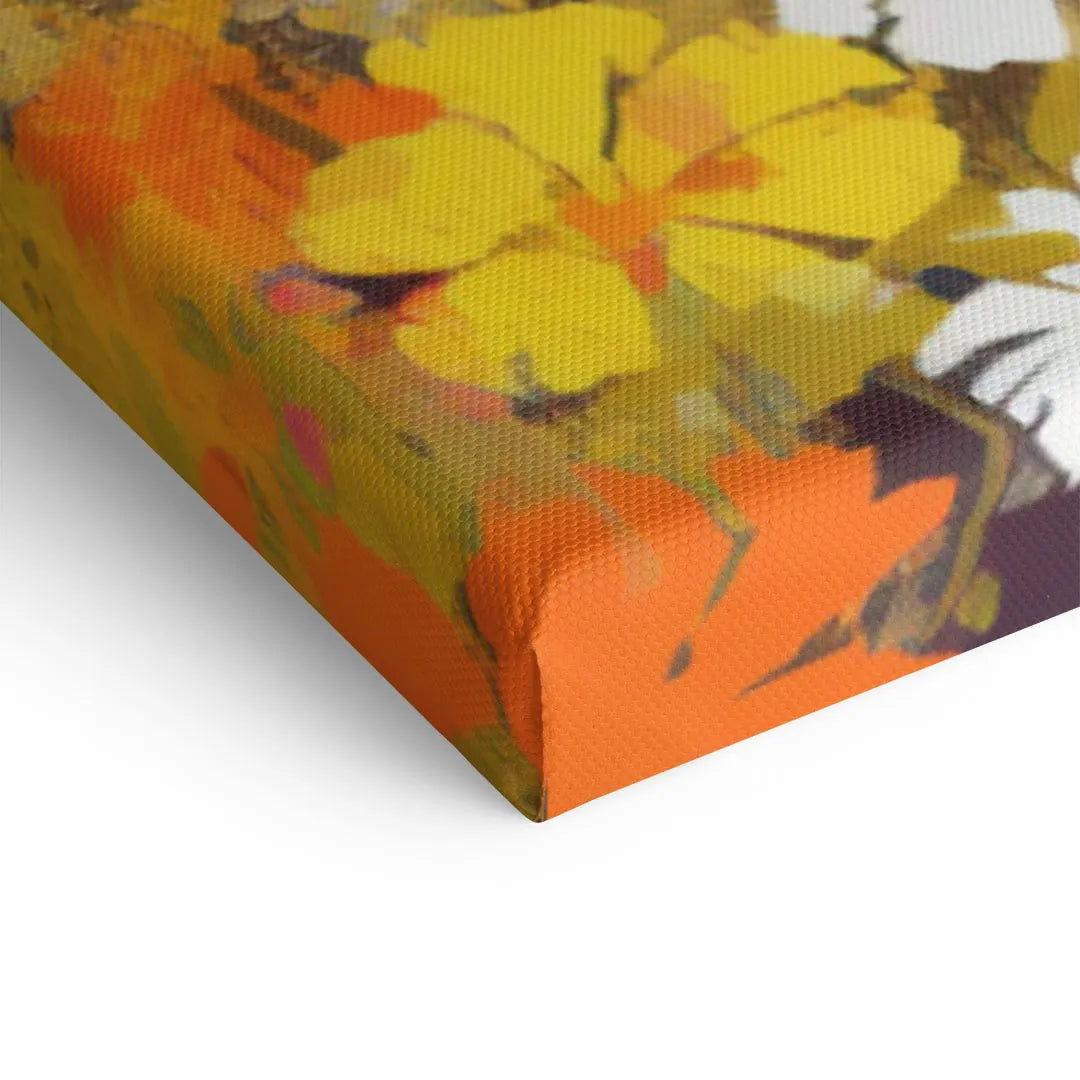 Detailaufnahme Leinwandbild mit gelben und orangen Blumen auf strukturierter Oberfläche
