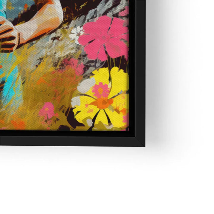 Bunte Wandbild-Kunst mit gelben und pinken Blumen im schwarzen Rahmen