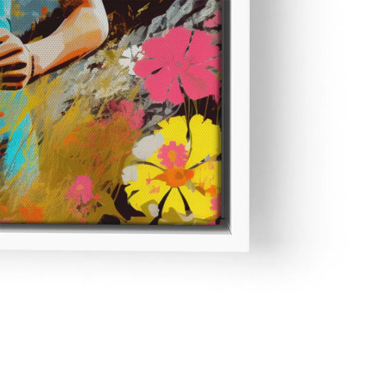 Modernes Wandbild mit abstrakten gelben und pinken Blumen, teils menschlicher Figur