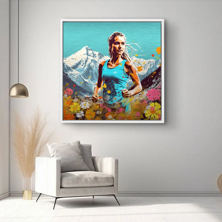 Modernes Wandbild mit sportlicher Frau, Alpenlandschaft und bunten Blumen im Wohnzimmer