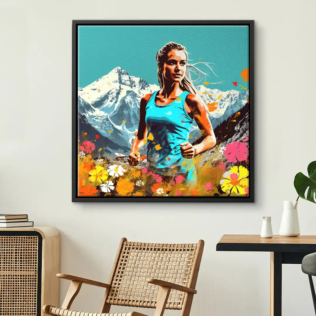 Modernes Wandbild einer sportlichen Frau beim Joggen vor Alpen und Blumenwiese