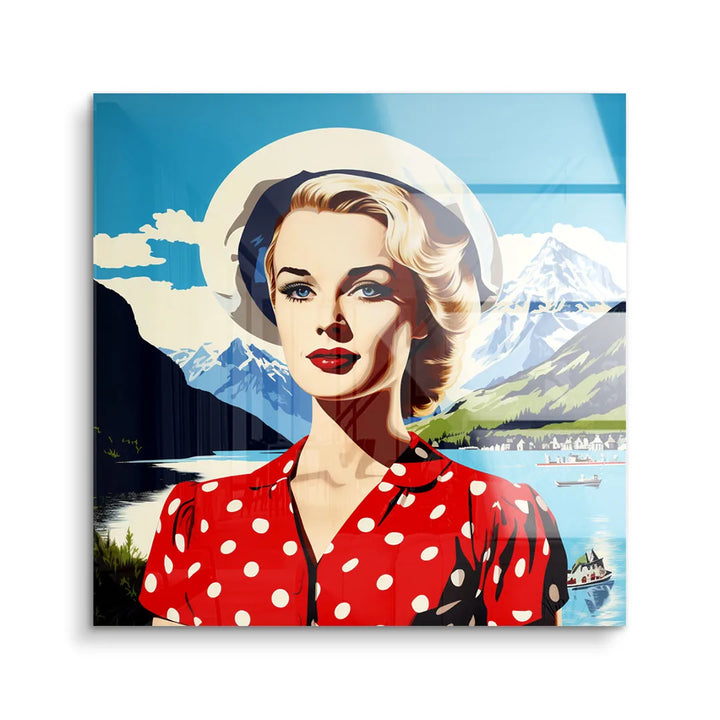 Wandbild mit stilisierter Frau im roten Kleid vor Schweizer Alpen und See