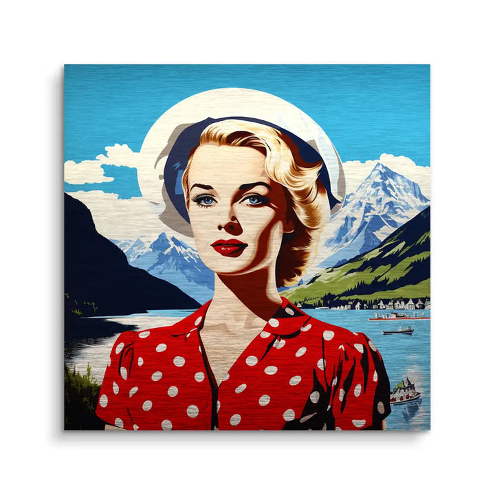 Pop Art Wandbild Frau mit blondem Haar vor Schweizer Alpen und See, rote gepunktete Bluse