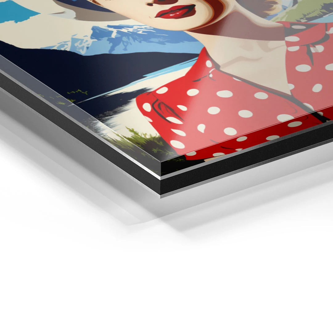 Acrylglas Wandbild mit Frau im roten Kleid vor Alpen und See, moderner Pop Art Stil