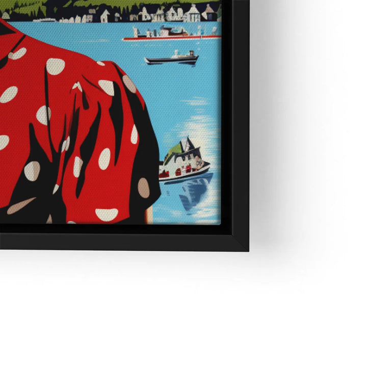 Pop Art Wandbild mit Mädchen im roten Kleid am See, Boote im Wasser, Bergkulisse
