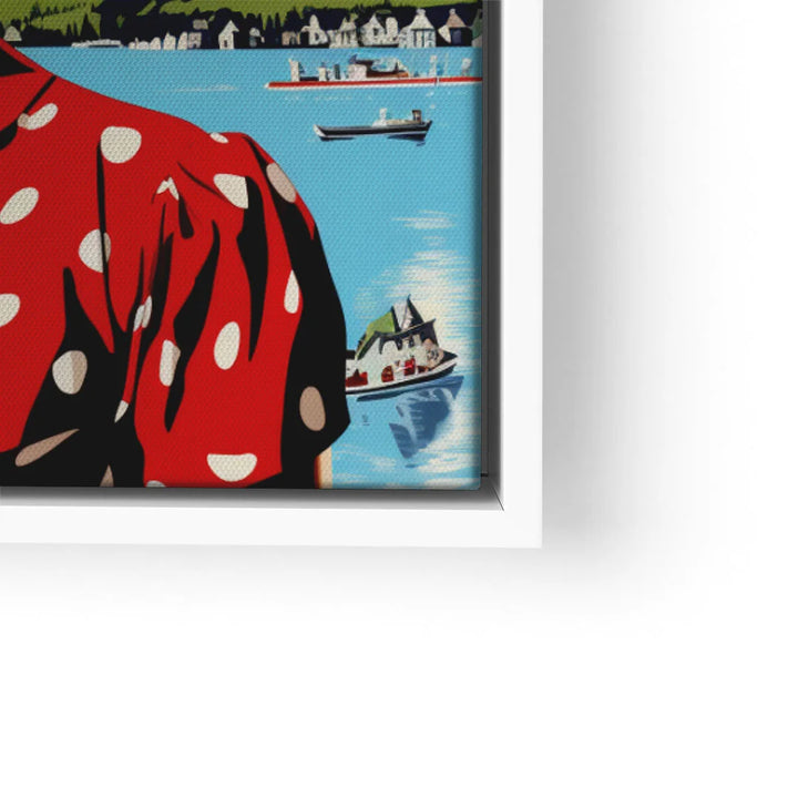 Pop Art Wandbild mit Mädchen in roter Polka-Dot-Bluse vor Bergsee und Booten