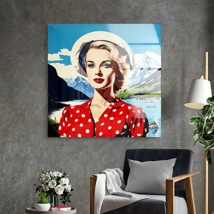 Modernes Wandbild mit Frau im Retro-Stil vor Schweizer Alpen und See, Wohnzimmerdeko