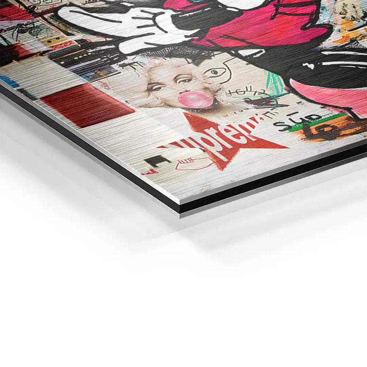 Modernes Wandbild mit Pop Art Collage, Comic-Figur und Streetart-Elementen auf Aluminium