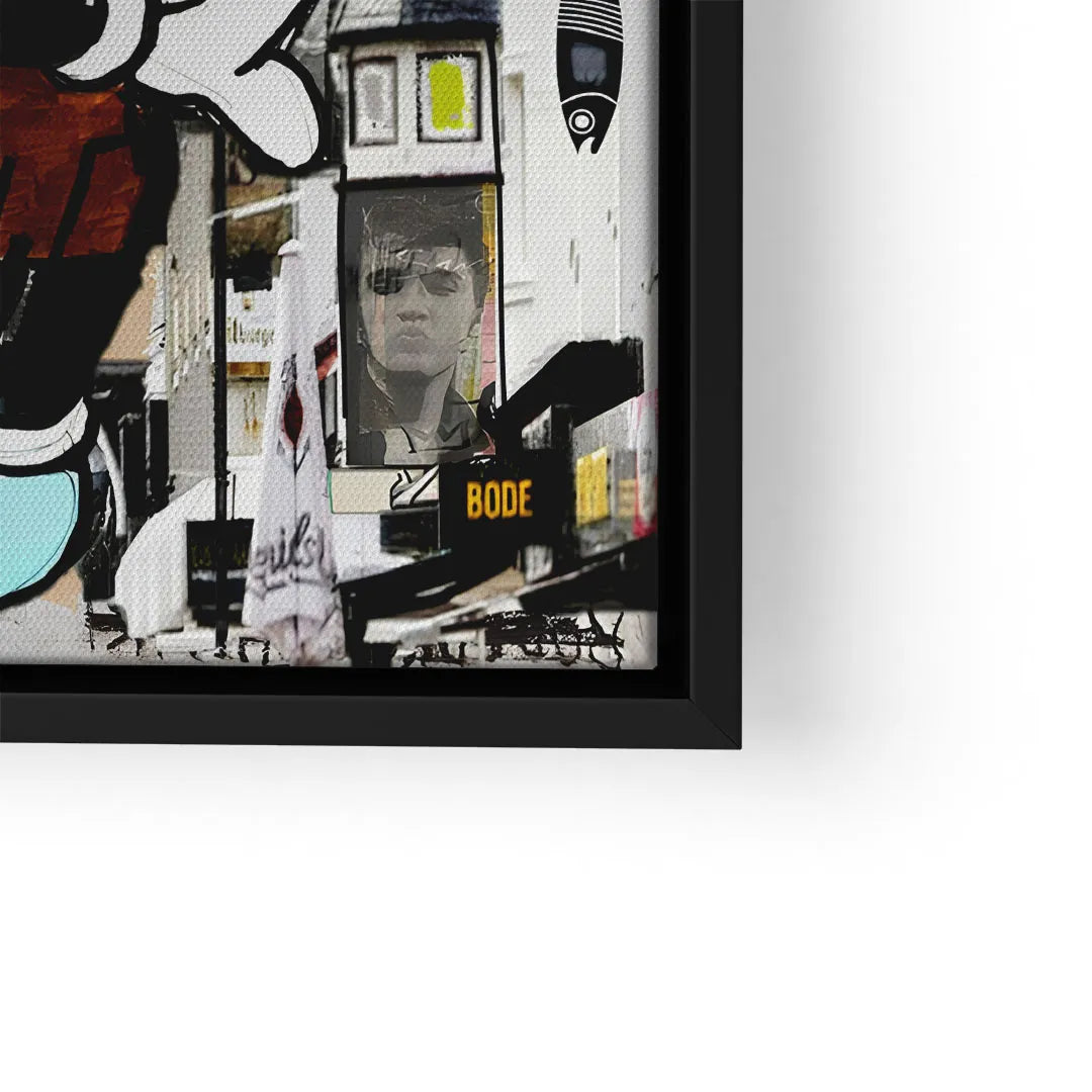 Modernes Wandbild mit Pop Art Elementen, Collage-Stil, Stadtmotiv und Porträt auf Leinwand