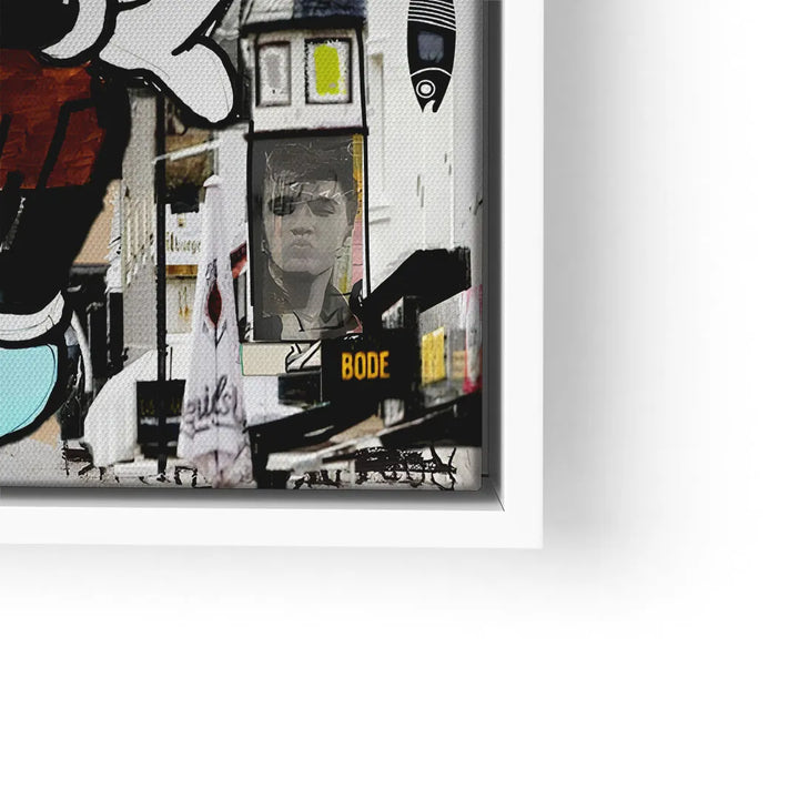 Modernes Wandbild mit Sylt-Motiv, Streetart-Elementen und Kuss-Grafik, gerahmt