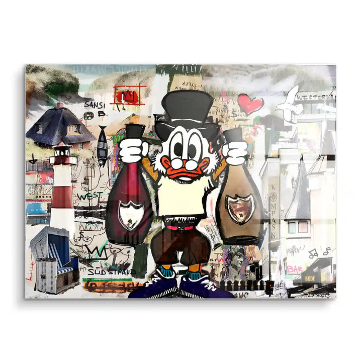 Modernes Wandbild mit gezeichneter Comicfigur, Leuchtturm und Sylt-Motiven, Acrylkunst