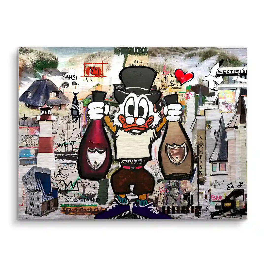 Modernes Wandbild mit Comic-Entenfigur, Sylt-Landschaft, Leuchttürmen und Graffiti-Elementen