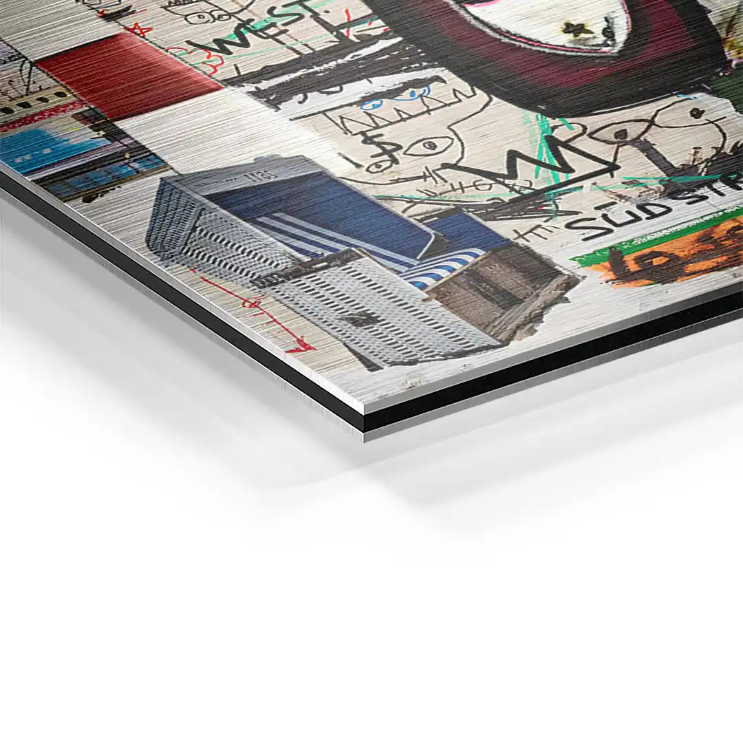 Detailaufnahme Wandbild Sylt Life, Collage mit Graffiti, Architektur und Farben auf Aluminium