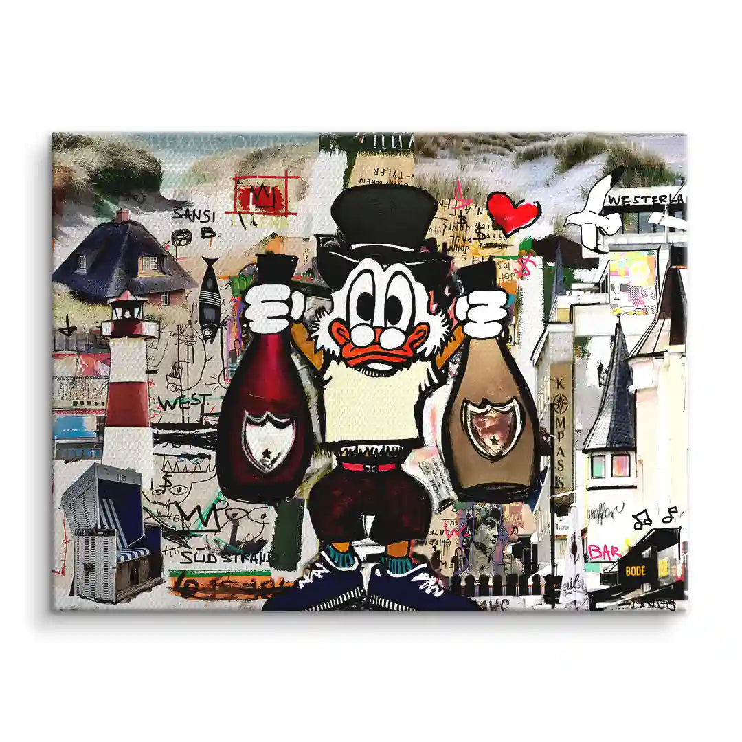 Pop Art Wandbild mit Comicfigur, Sylt-Motiven, Leuchtturm und Häusern, moderne Collage