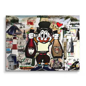 Pop Art Wandbild mit Comicfigur, Sylt-Motiven, Leuchtturm und Häusern, moderne Collage