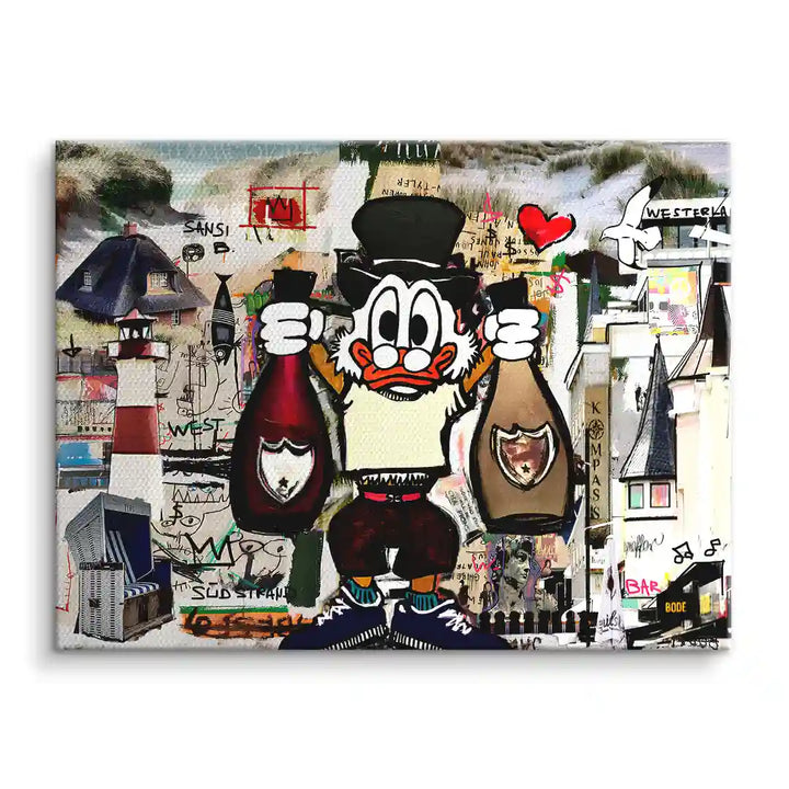 Pop Art Wandbild mit Comicfigur, Sylt-Motiven, Leuchtturm und Häusern, moderne Collage