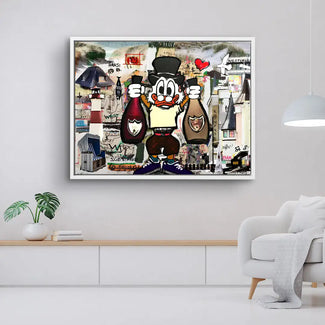 Wandbild mit comicartigem Vogel, Sylt-Motiven, Leuchtturm und Graffiti-Elementen