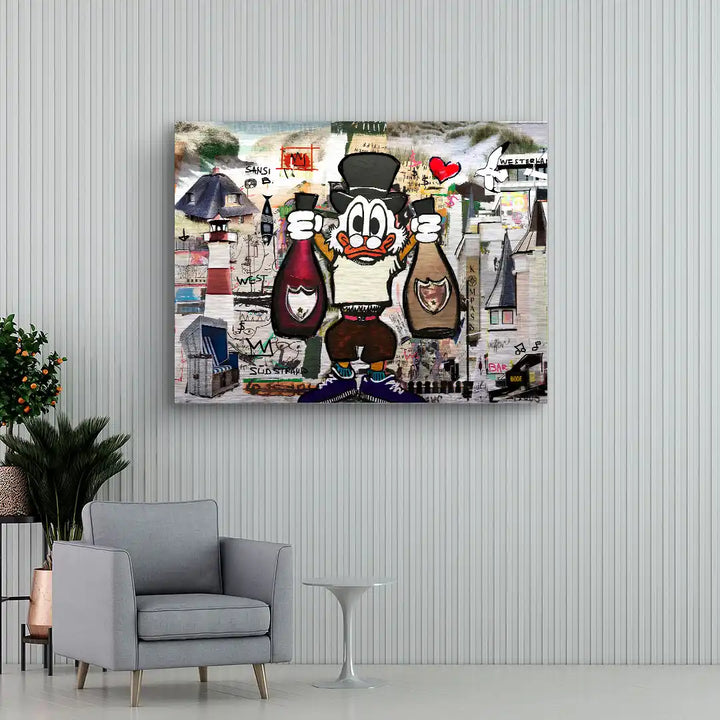Modernes Wandbild mit Comic-Figur, Sylt-Motiven und Streetart-Elementen, Wohnzimmer-Deko