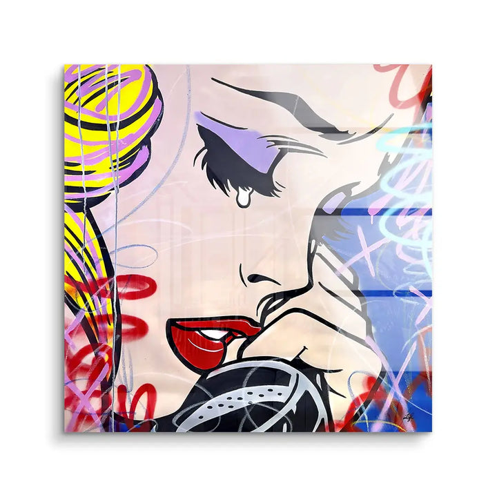 Pop Art Wandbild einer weinenden Frau mit Telefon, Acrylglas, bunte Graffiti-Elemente
