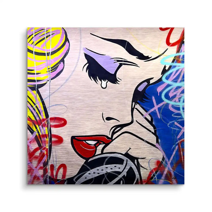 Pop Art Wandbild einer weinenden Frau mit bunten Graffiti-Elementen, modernes Kunstbild
