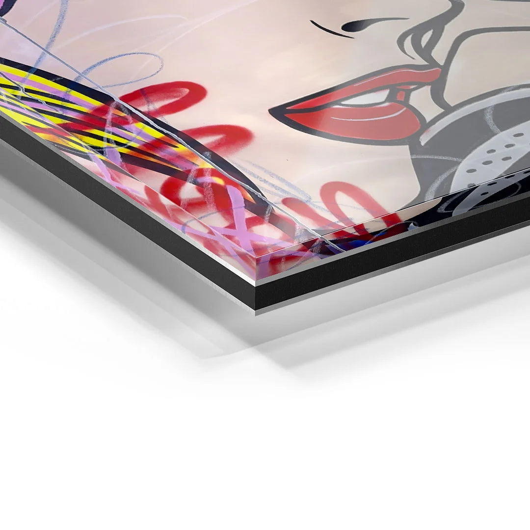 Detail eines modernen Acrylglas-Wandbilds mit Pop Art und bunten Graffiti-Elementen