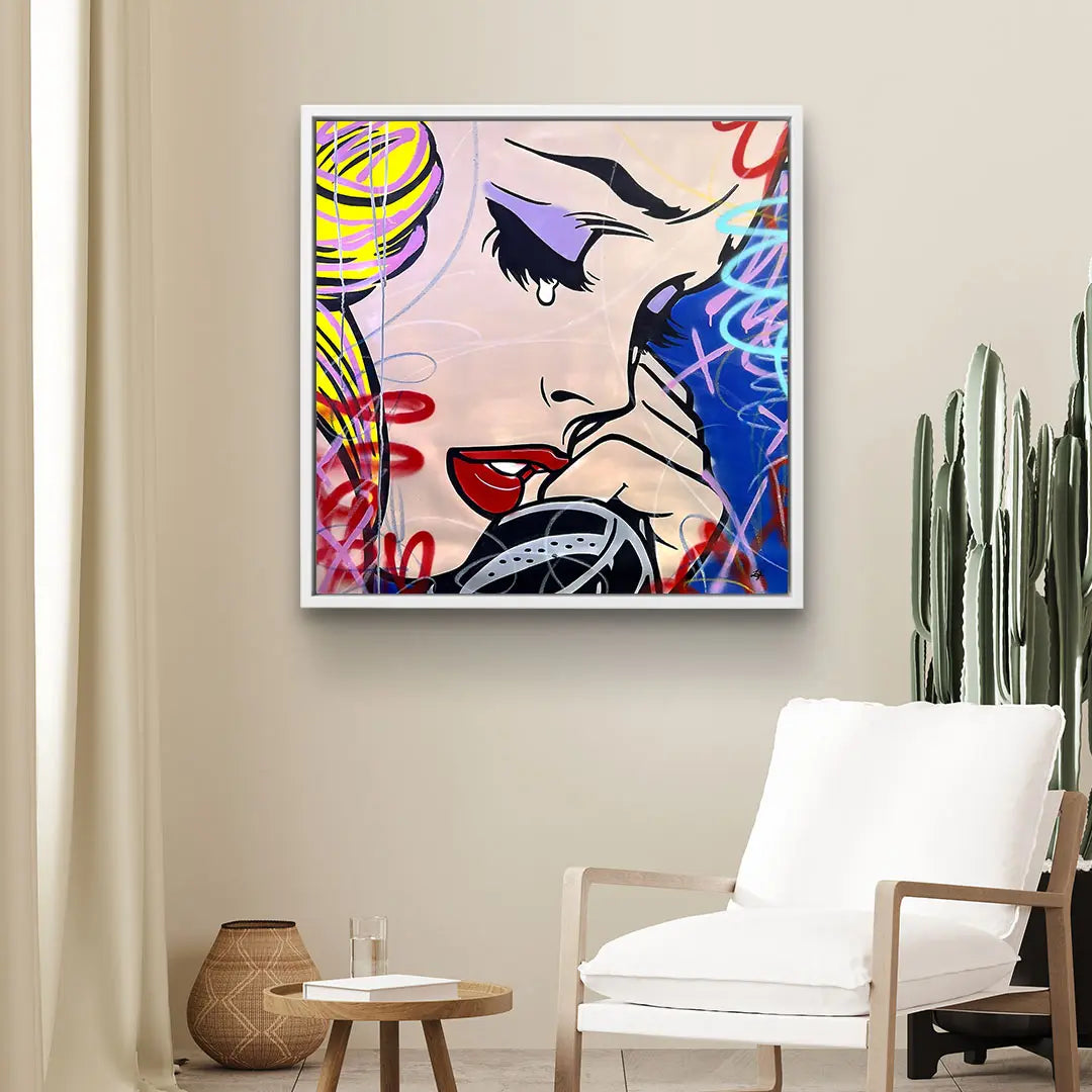 Pop Art Wandbild mit bunter, weinender Frau im Comic-Stil, Wohnzimmer Dekoration