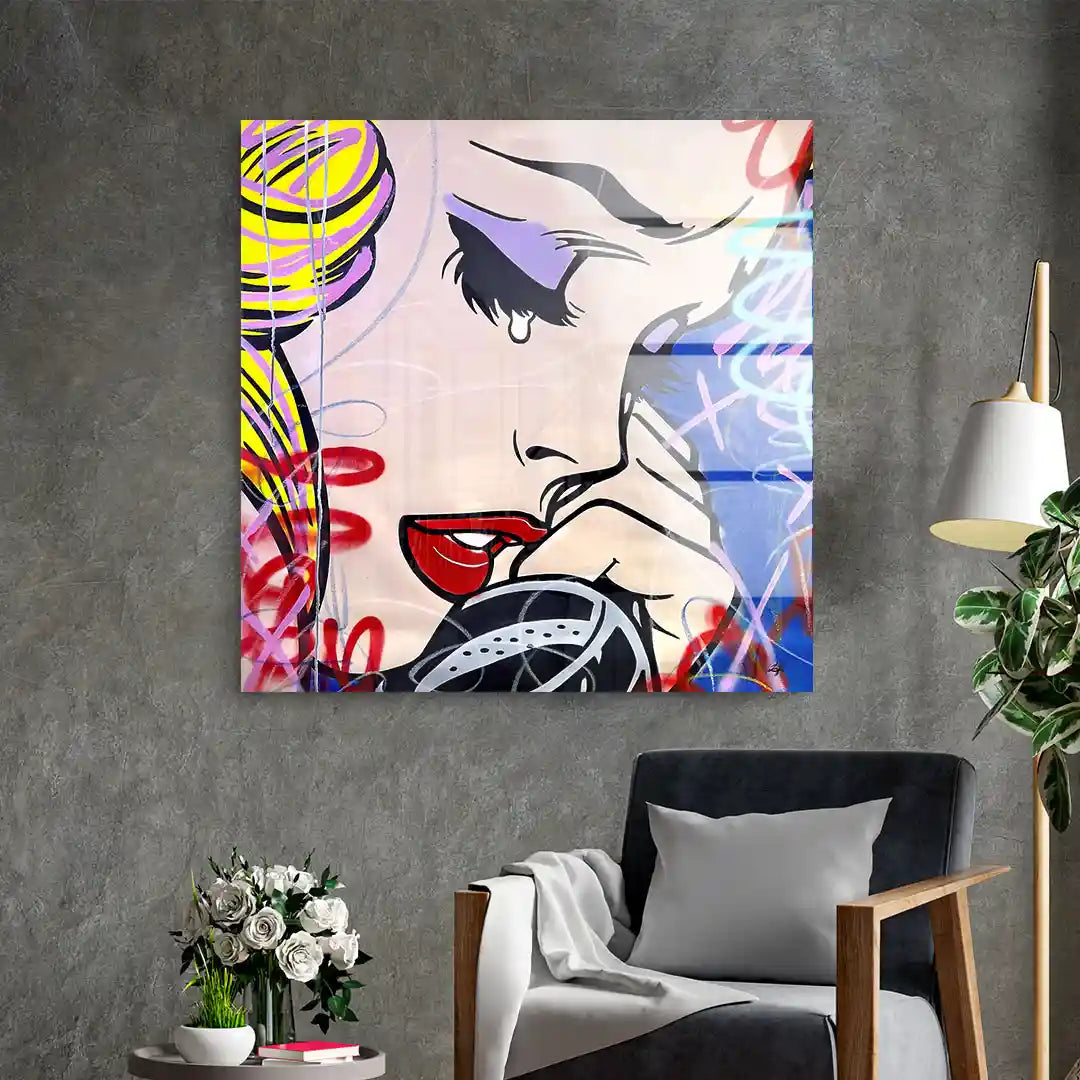 Pop Art Wandbild mit weinender Frau, Graffiti-Elemente, modernes Wohnzimmer-Dekor