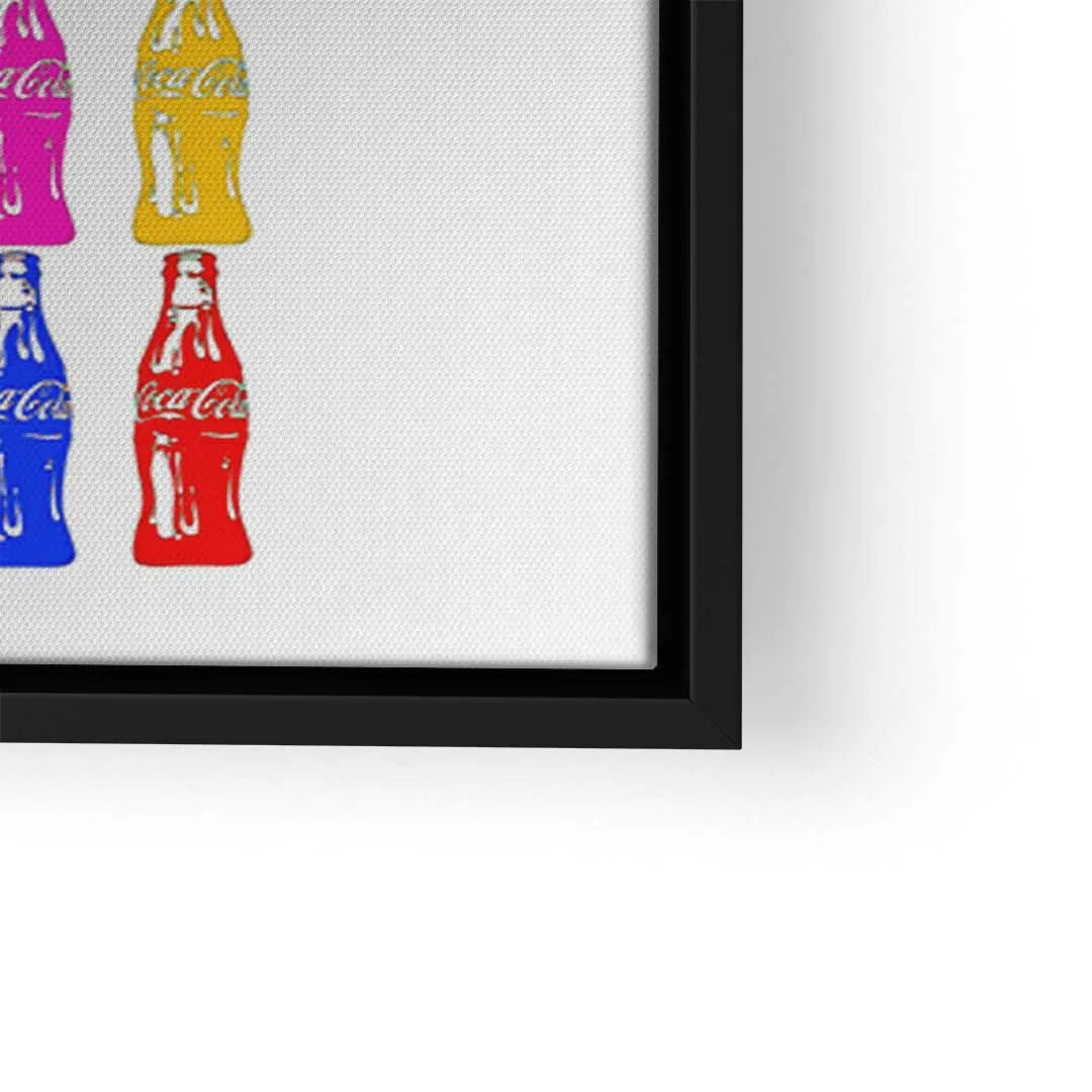 Pop Art Wandbild mit bunten Cola-Flaschen, moderner Druck in schwarzem Rahmen