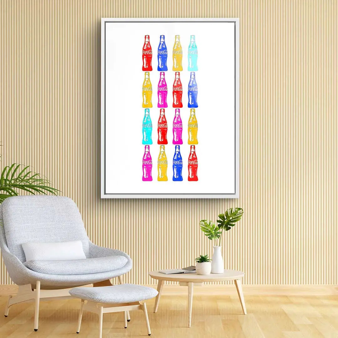 Modernes Wandbild mit bunten Retro-Limonadenflaschen im Pop Art Stil im Wohnzimmer