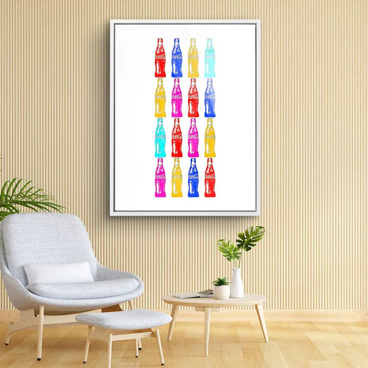 Modernes Wandbild mit bunten Retro-Limonadenflaschen im Pop Art Stil im Wohnzimmer