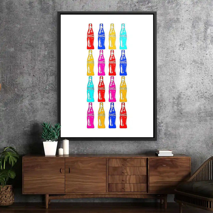 Modernes Wandbild mit bunten Pop Art Flaschen auf weißem Hintergrund in Wohnzimmer