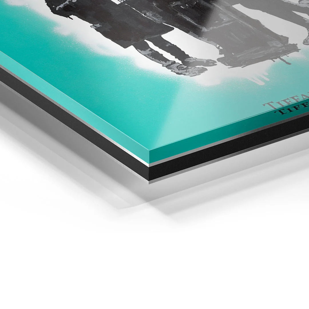 Detailansicht Wandbild auf Acrylglas mit türkisfarbenem Hintergrund und schwarzem Motiv