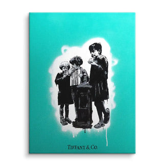Modernes Wandbild mit Schwarz-Weiß-Kunst von drei Kindern und türkisfarbenem Hintergrund