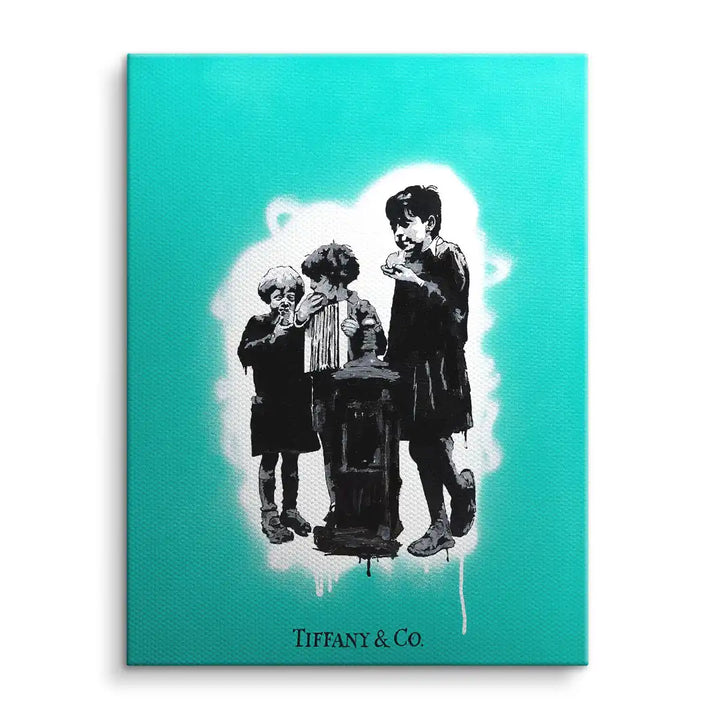 Modernes Wandbild mit Schwarz-Weiß-Kunst von drei Kindern und türkisfarbenem Hintergrund