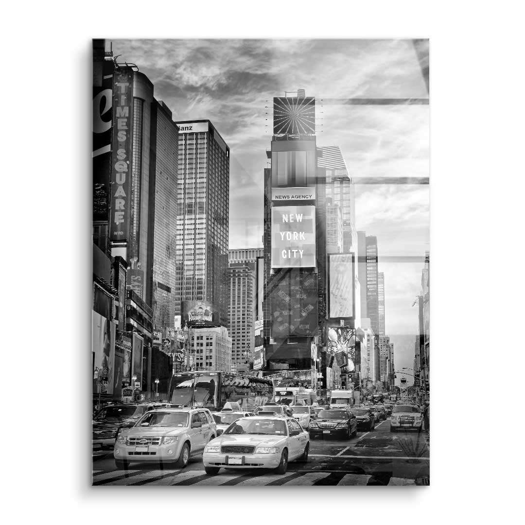 Schwarzes Weiß Wandbild Times Square mit New York Taxi, Stadt und Hochhäusern.