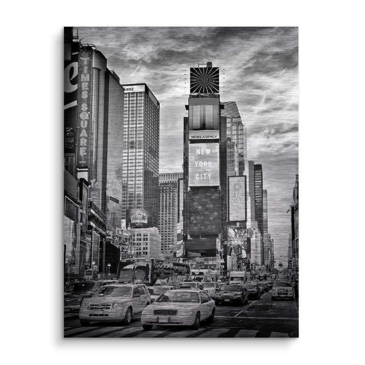 Schwarz-weiß Wandbild Times Square New York mit Autos und Hochhäusern, moderne Stadtkunst