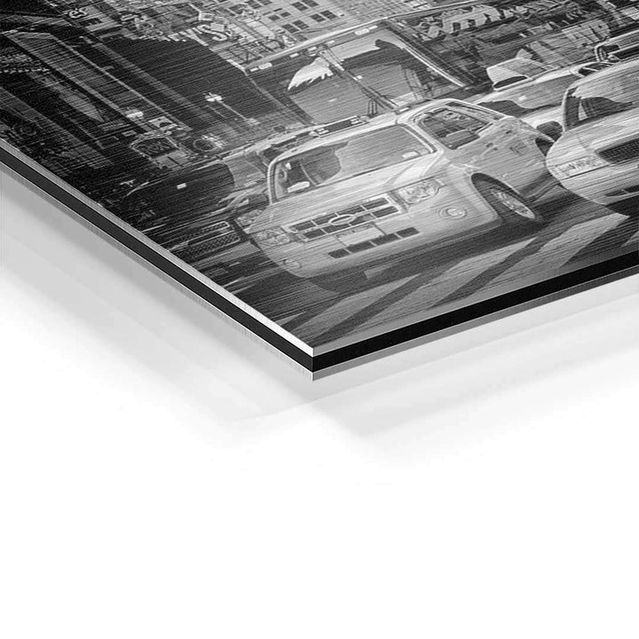 Detailansicht Wandbild in Schwarz-Weiß mit Autos und Straßenmotiv auf Aluminium