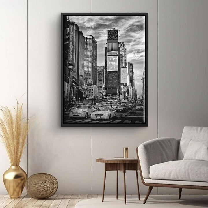 Modernes Wohnzimmer mit großem Wandbild Times Square New York City in Schwarz-Weiß, stilvolle Einrichtung