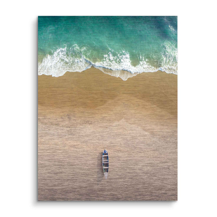 Wandbild Strand aus Vogelperspektive mit Boot und türkisfarbenem Meer, modernes Leinwandbild