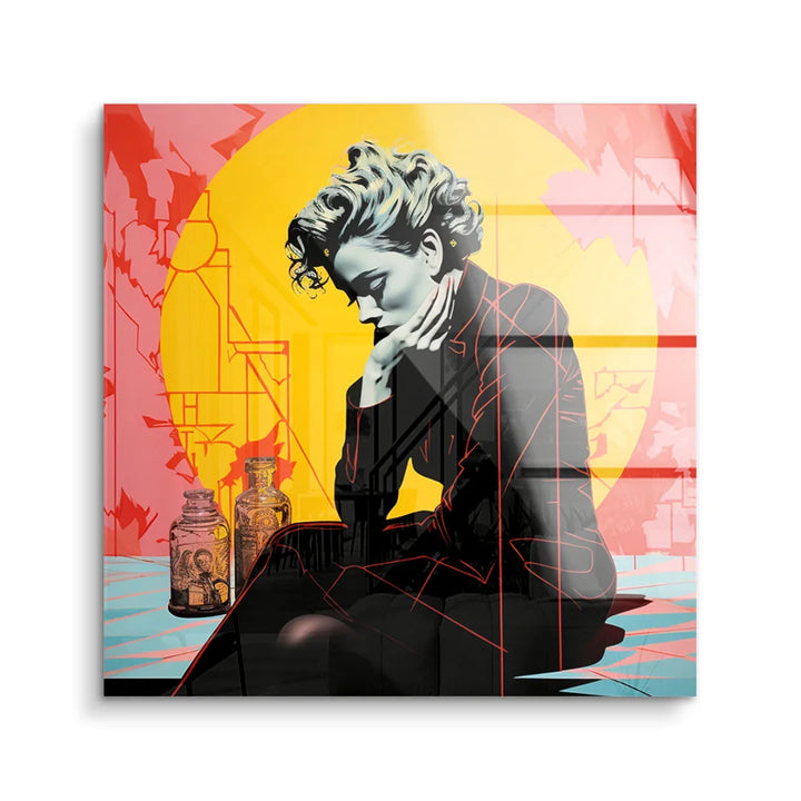 Modernes Wandbild mit nachdenklicher Frau im Pop Art Stil vor gelbem Kreis, Acrylglas-Optik