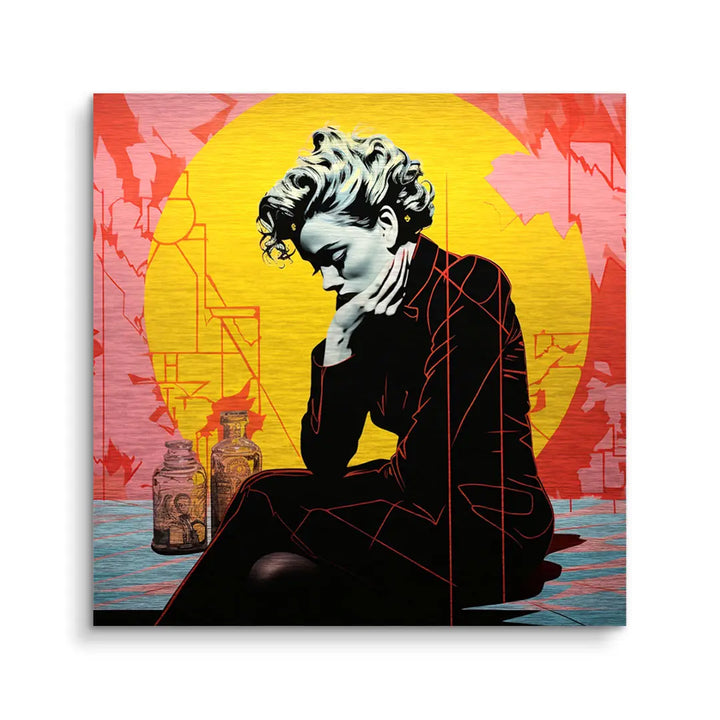 Modernes Wandbild einer nachdenklichen Frau vor gelber Sonne, Pop Art Stil, bunte Hintergründe